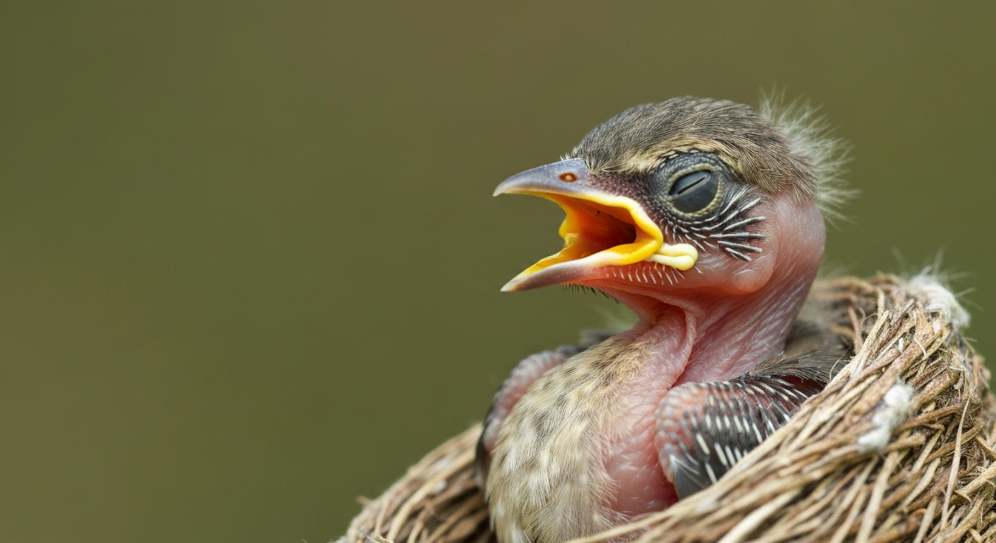 Close-up of a naked songbird nestling in a nest with closed eyes and a wide yellow gape.