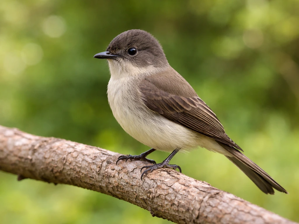 Eastern Phoebe perched on a branch in tail-wag posture, showing head and belly tones clearly.