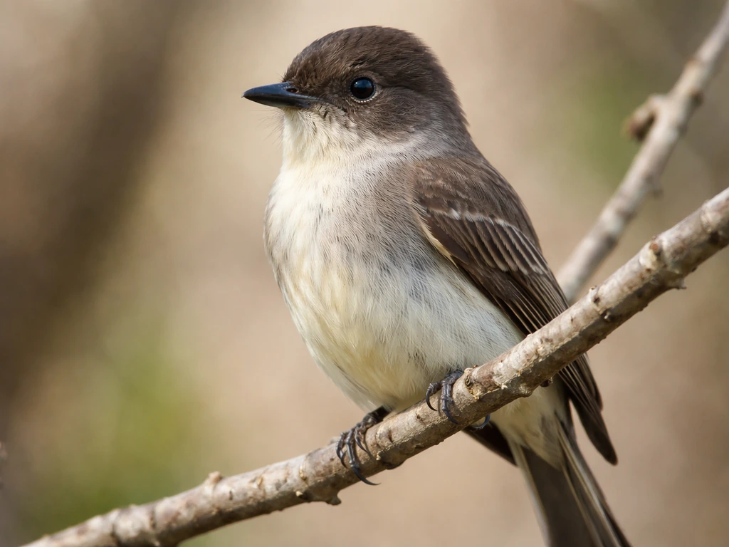 Close-up of an Eastern Phoebe perched on a branch, showing dark head fading to lighter belly.