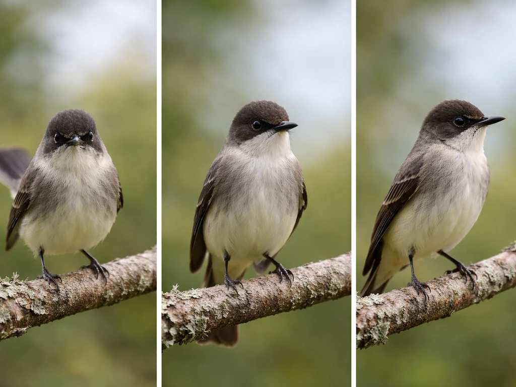 Three staged phoebe-like birds showing tail wagging, face/wing contrast, and an alert upright posture.