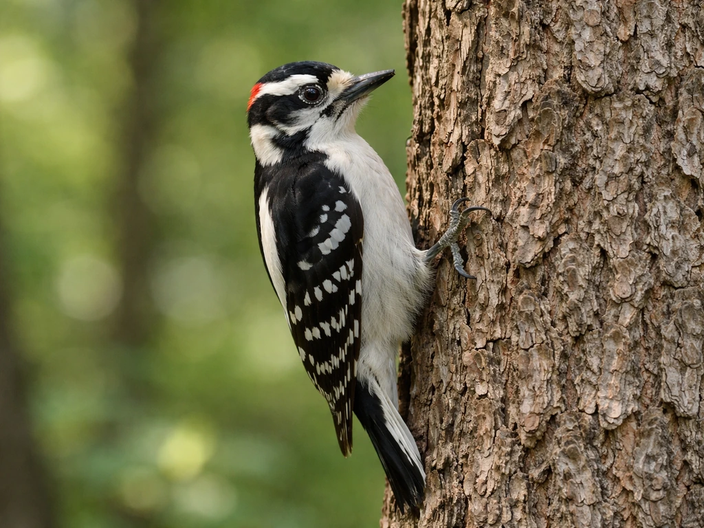 A woodpecker-like bird clings to a tree trunk, pointed bill facing camera in bright natural light.