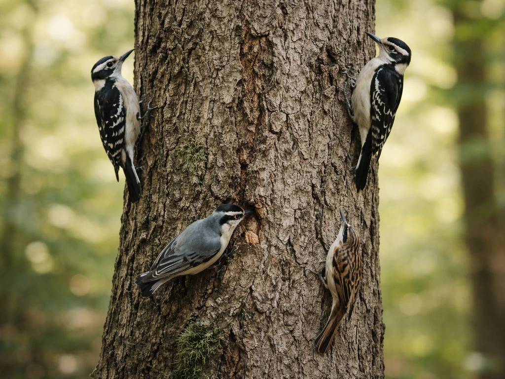 Close-up of a tree trunk with several woodpecker-like birds clinging and creeping on bark.
