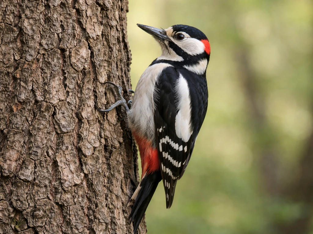 Side-on woodpecker gripping a tree trunk, tail braced on bark showing stocky compact body posture.