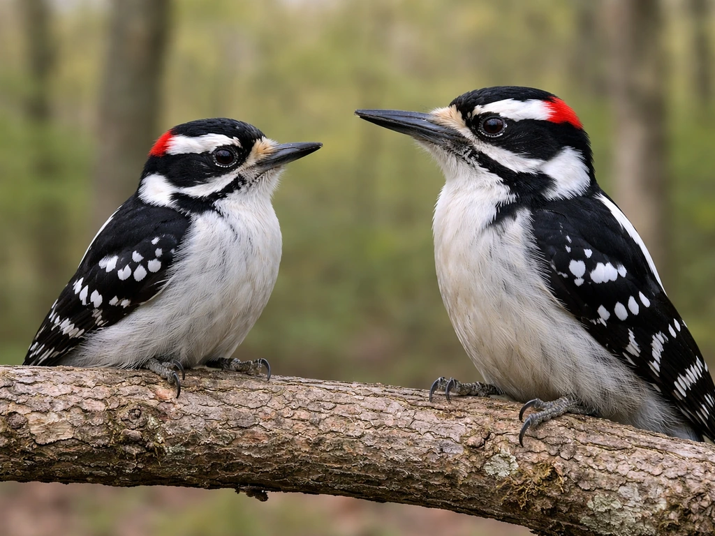 Two woodpeckers on a branch, showing Downy and Hairy differences with bill size clearly visible.