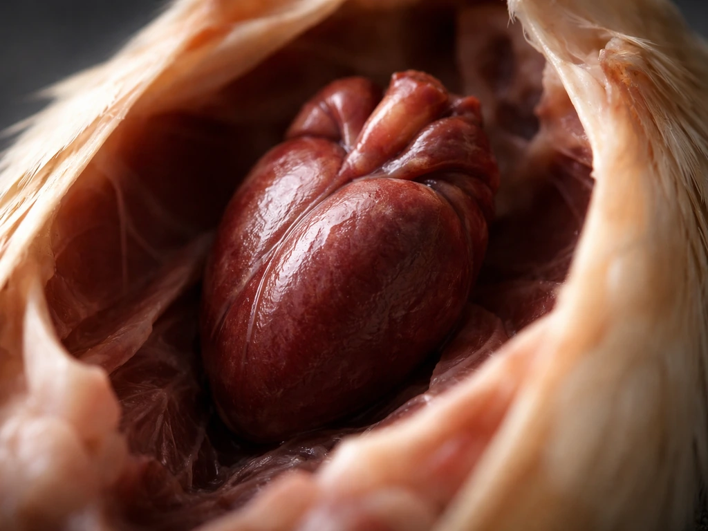 Close-up photo of an avian heart model nestled in a small chest cavity, showing color and shape.