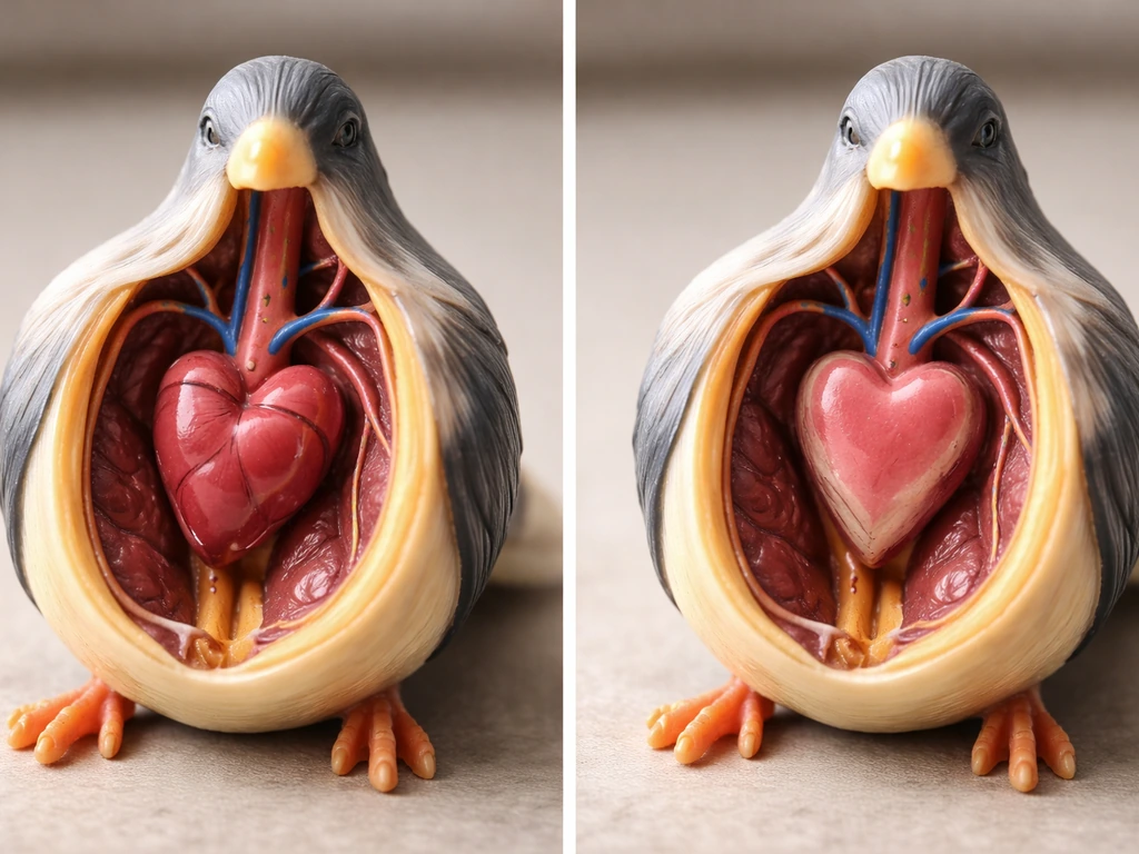 Minimal photo-style scene showing a bird anatomy model with a heart-shaped structure versus a heart area