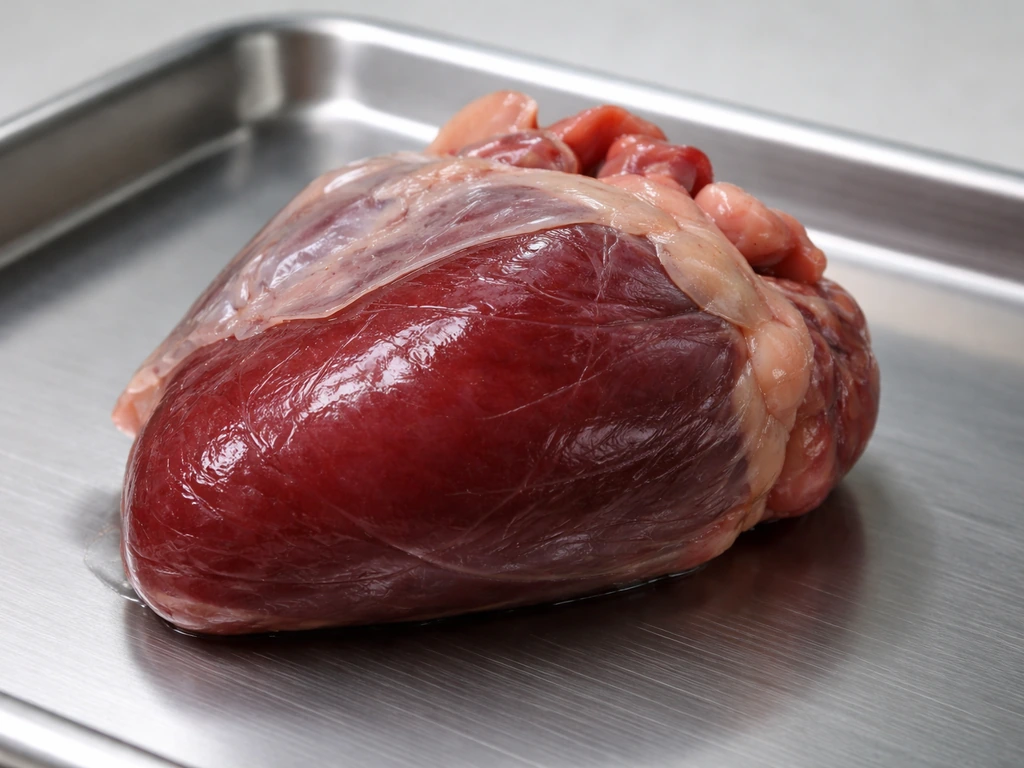 Close-up of a deep red avian heart specimen with a thin, translucent pericardial sac visible at the surface.