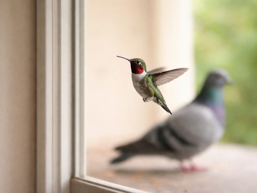 Minimal photo-style scene showing two birds near a window, suggesting changing heart size across species.