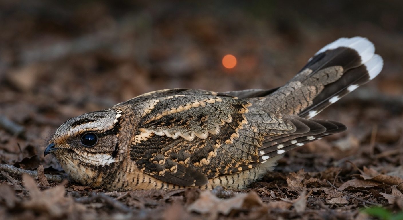 Male whip-poor-will roosting on leaf litter, showing mottled gray-brown plumage, flat posture, and white outer tail feather tips.