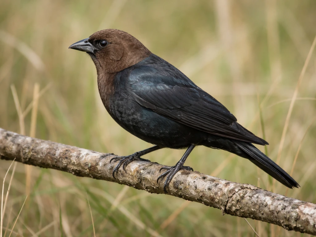 Brown-headed cowbird perched on a branch, showing brown hood and dark body for identification