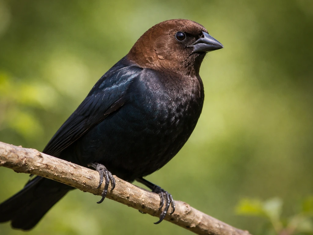 Adult male brown-headed cowbird perched, showing brown hood and glossy black body in sharp close-up.