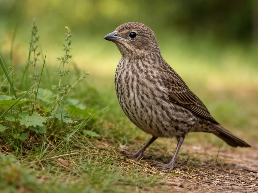 Juvenile Brown-headed Cowbird perched on grass, highlighting strong streaking on breast and belly.