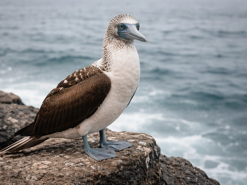 Booby bird perched on rocky coast, clear view of bill, face pattern, wings, and tail.