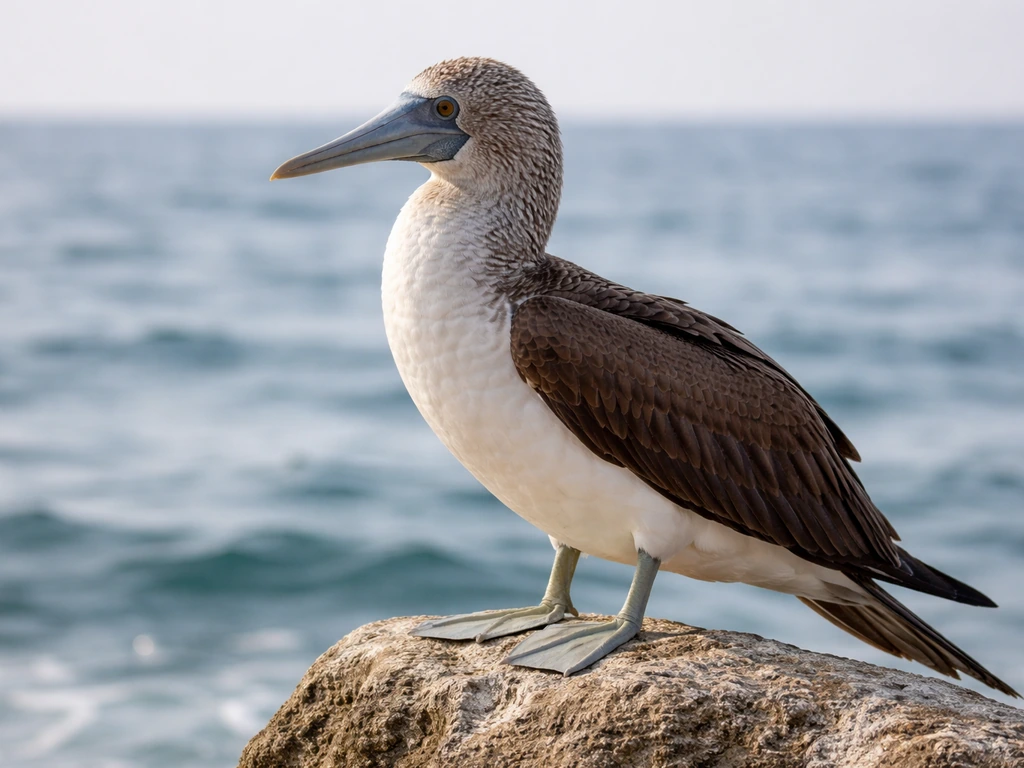 Booby bird perched on a coastal rock, showing stocky body shape and typical plumage colors.
