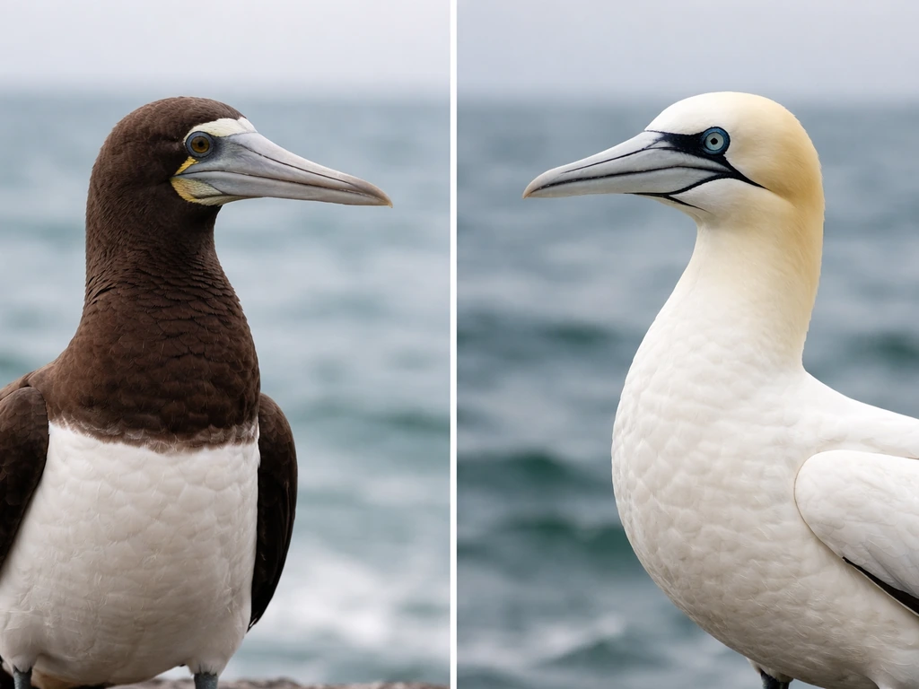 Booby and Northern Gannet side-by-side on a quiet shore, showing bill and head differences in natural light.