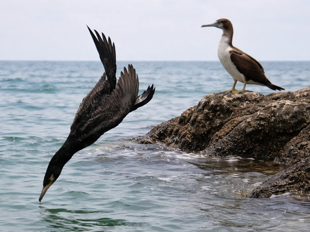 A dark cormorant diving and a lighter booby perched nearshore, showing contrasting body shape and posture.