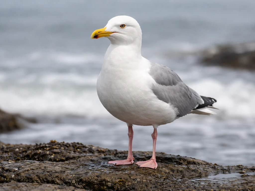 Herring gull standing on a rocky shoreline, showing pale gray mantle, white head, thick yellow bill, pink legs.