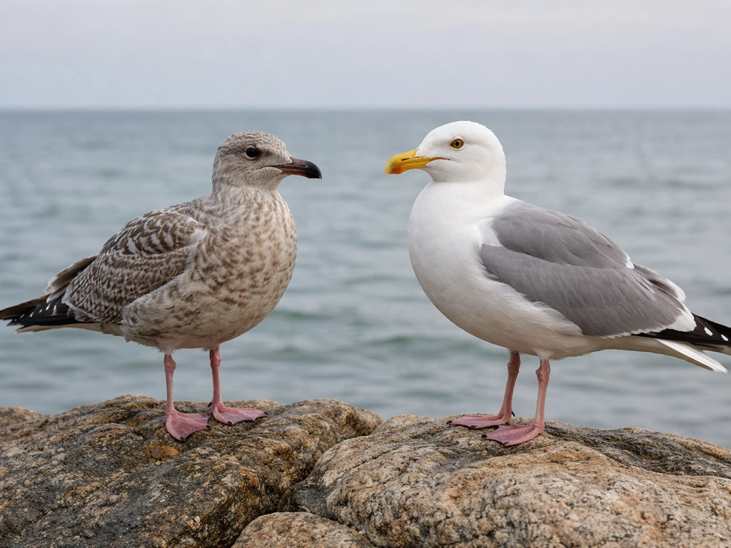 Two Herring Gulls side by side on a rocky shore showing juvenile vs near-adult plumage differences.