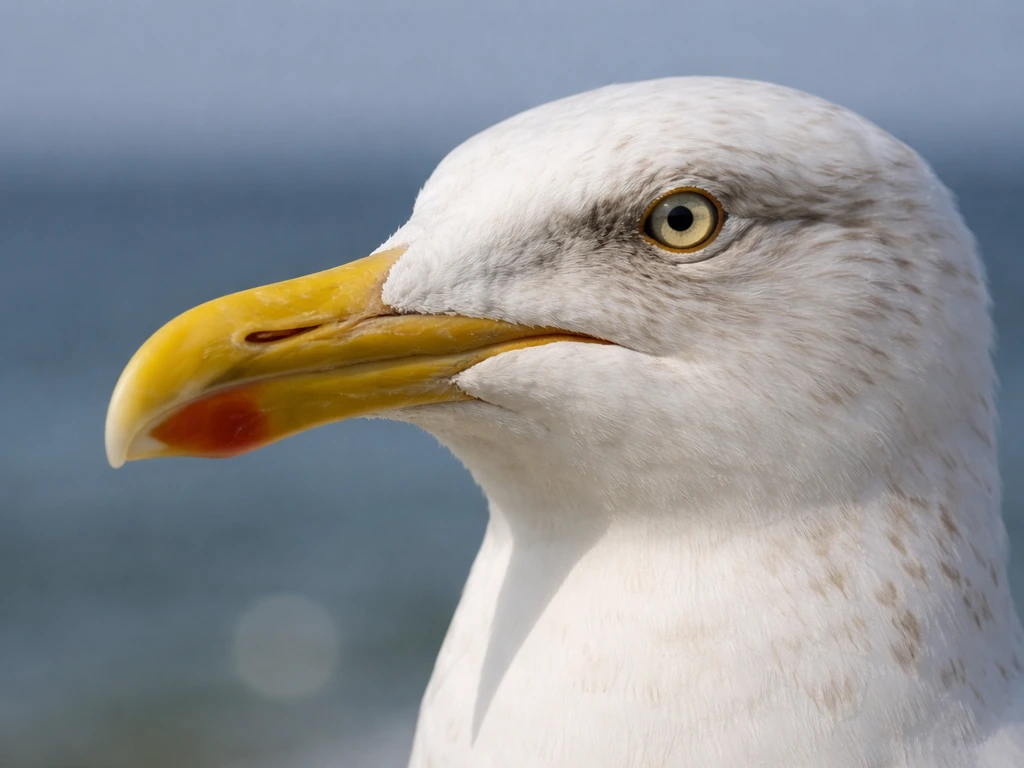 Close-up of a herring gull’s head and thick yellow bill with red gony spot and subtle winter streaking.
