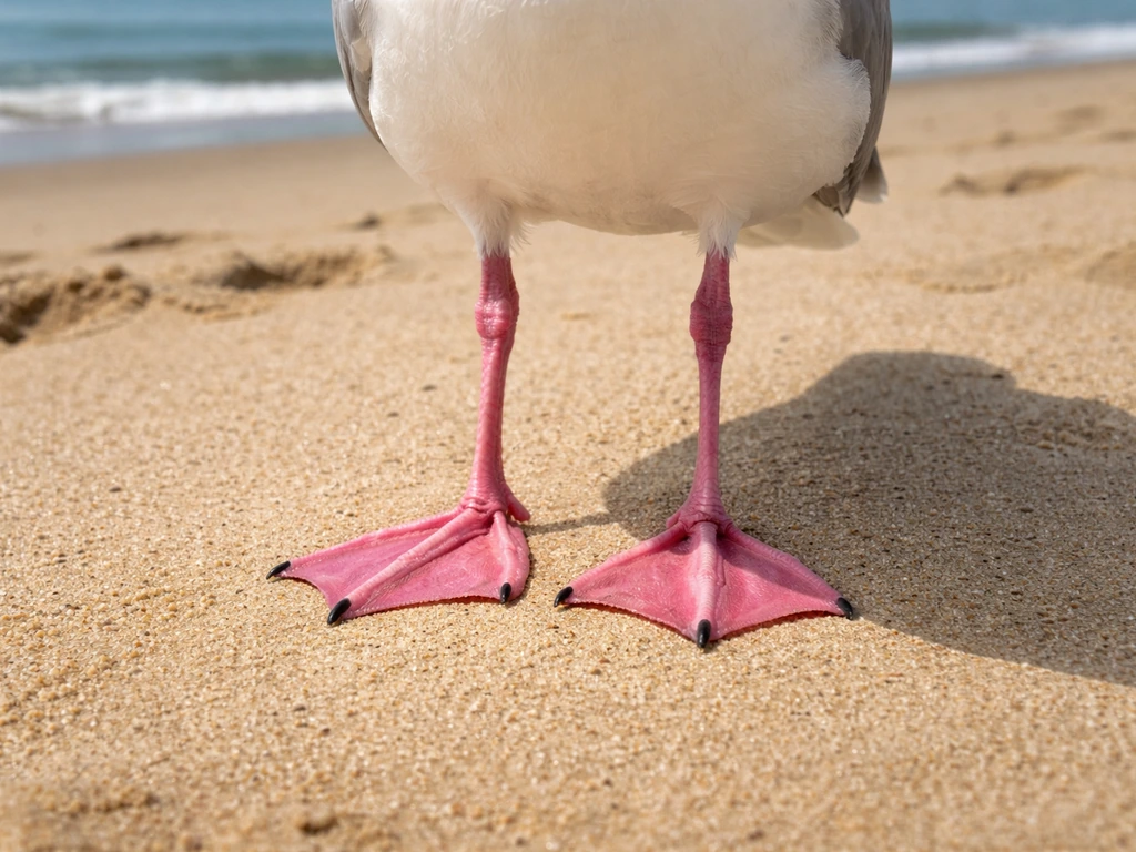 Close-up of a herring gull standing on ground, showing vivid pink legs in clear light.