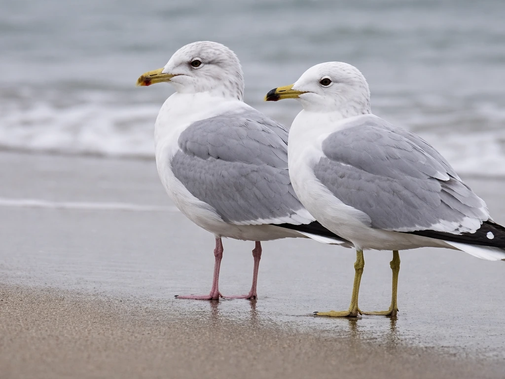 Two anonymous gulls on wet beach in winter, close focus on legs, bills, and wing patterns.