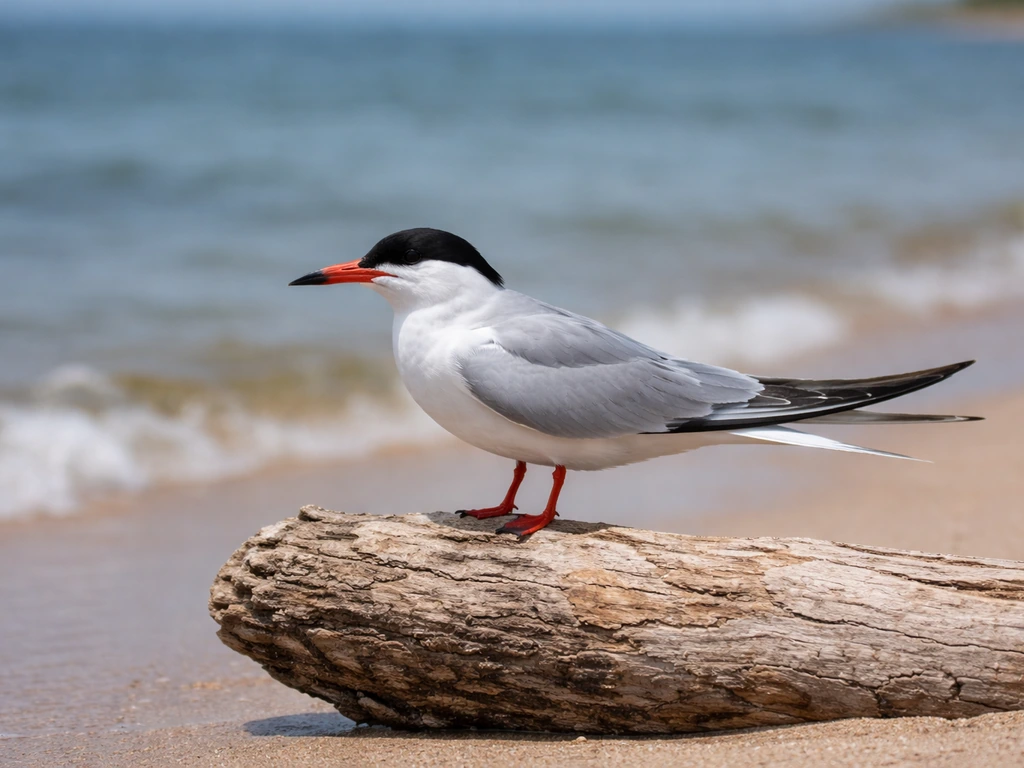 A sharp tern perched on driftwood at the beach, showing its pointed wings and distinct bill/head pattern.