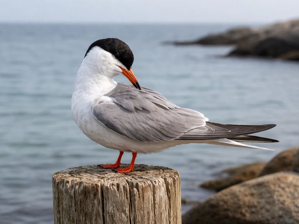 Breeding adult tern perched in soft coastal light, showing black cap and clean head pattern with white underparts.