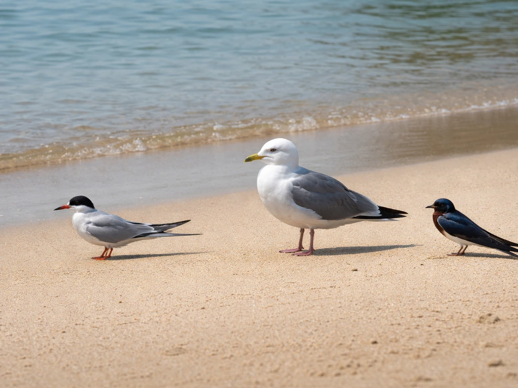 Three shore birds in daylight showing tern forked tail, gull squared tail, and swallow-like silhouette differences.