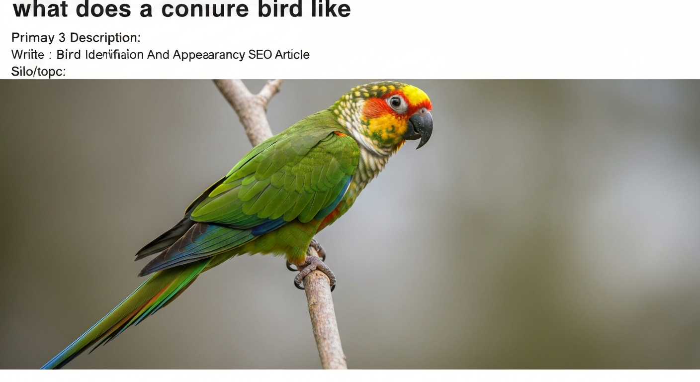 Photorealistic side-profile of a conure perched on a branch showing long tail, curved beak, and colorful head.