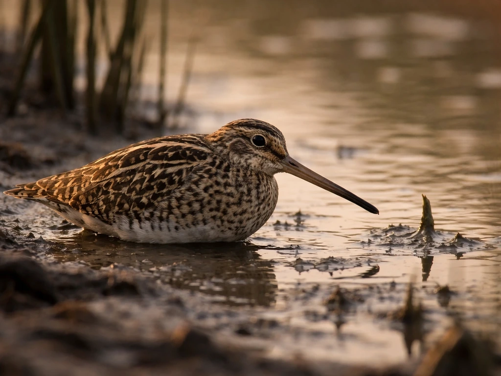 A camouflaged snipe crouched in shallow wetland mud, head and long bill visible for silhouette ID.
