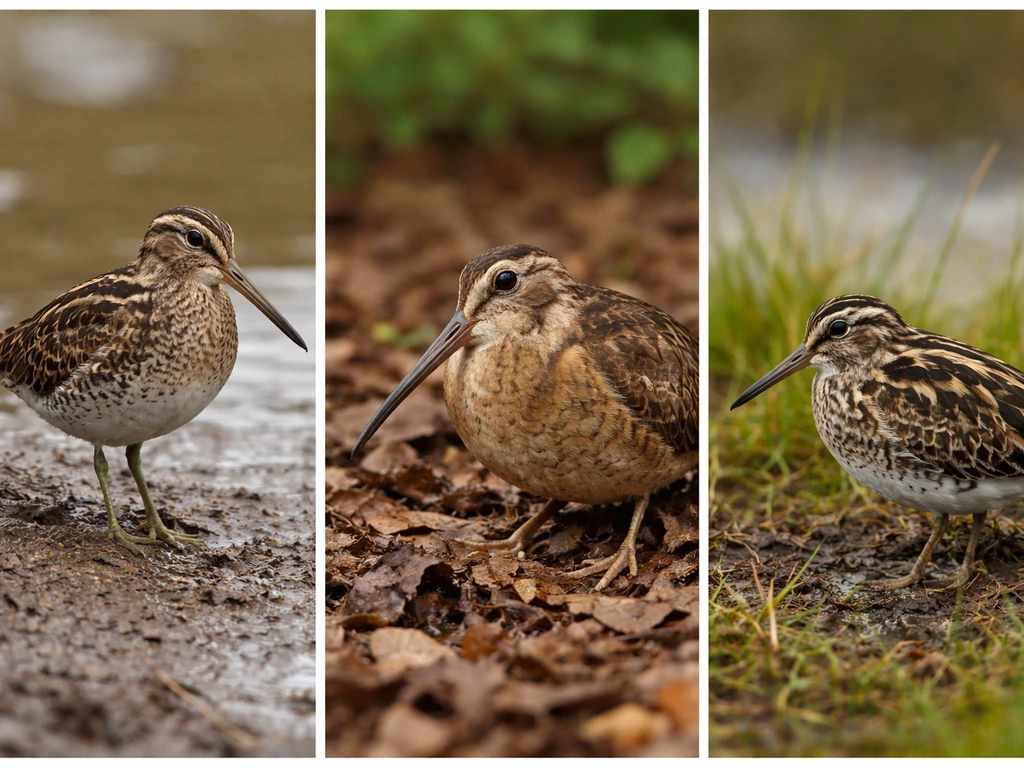 Three birds in separate natural habitats: snipe, American woodcock, and jack snipe on muddy wetlands.