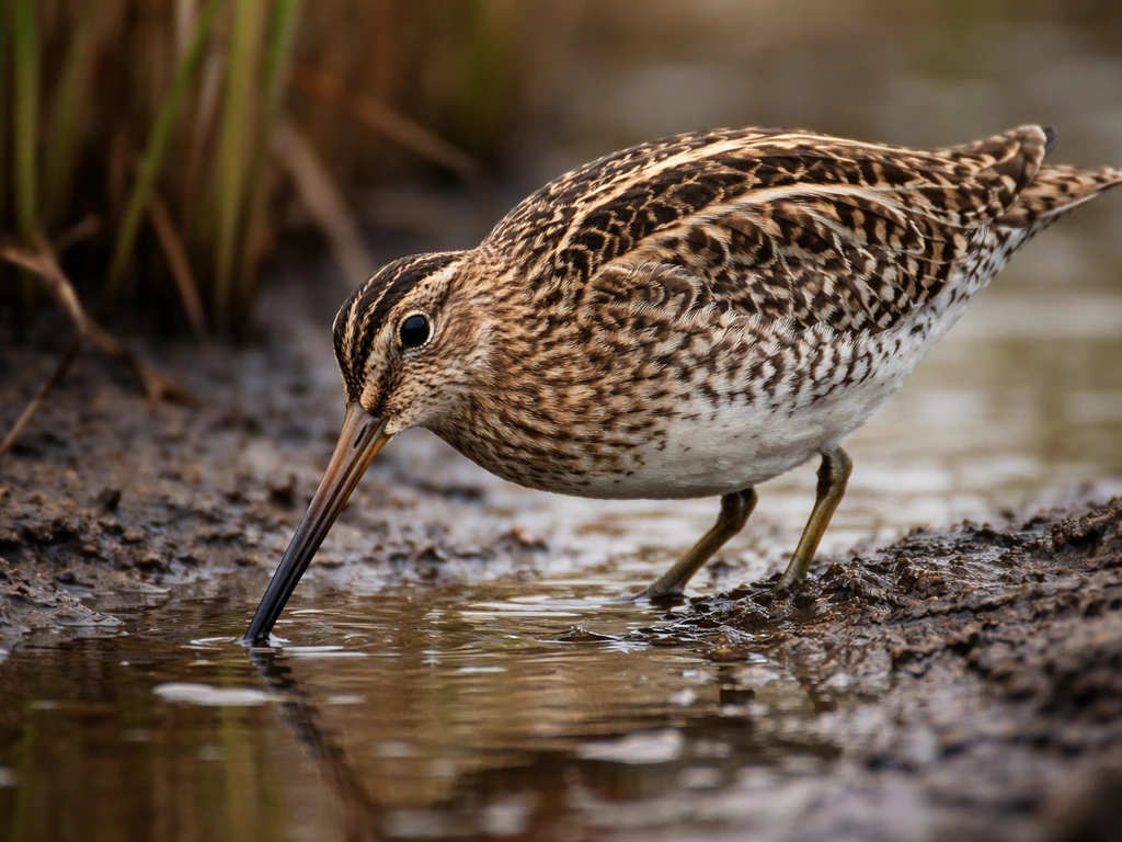 Close-up of a single snipe’s feather plumage in a shallow marsh, showing buff striping and mottled browns.