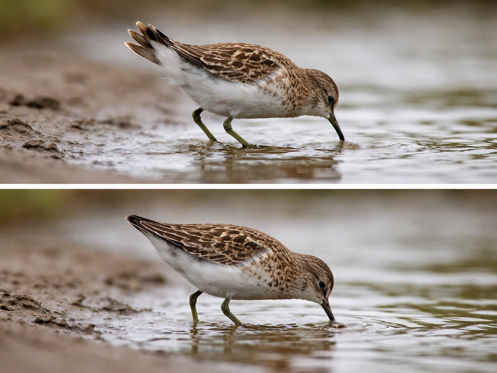 Close-up of a small wading bird’s tail and short greenish-grey legs as it flushes and then feeds in shallow mud.