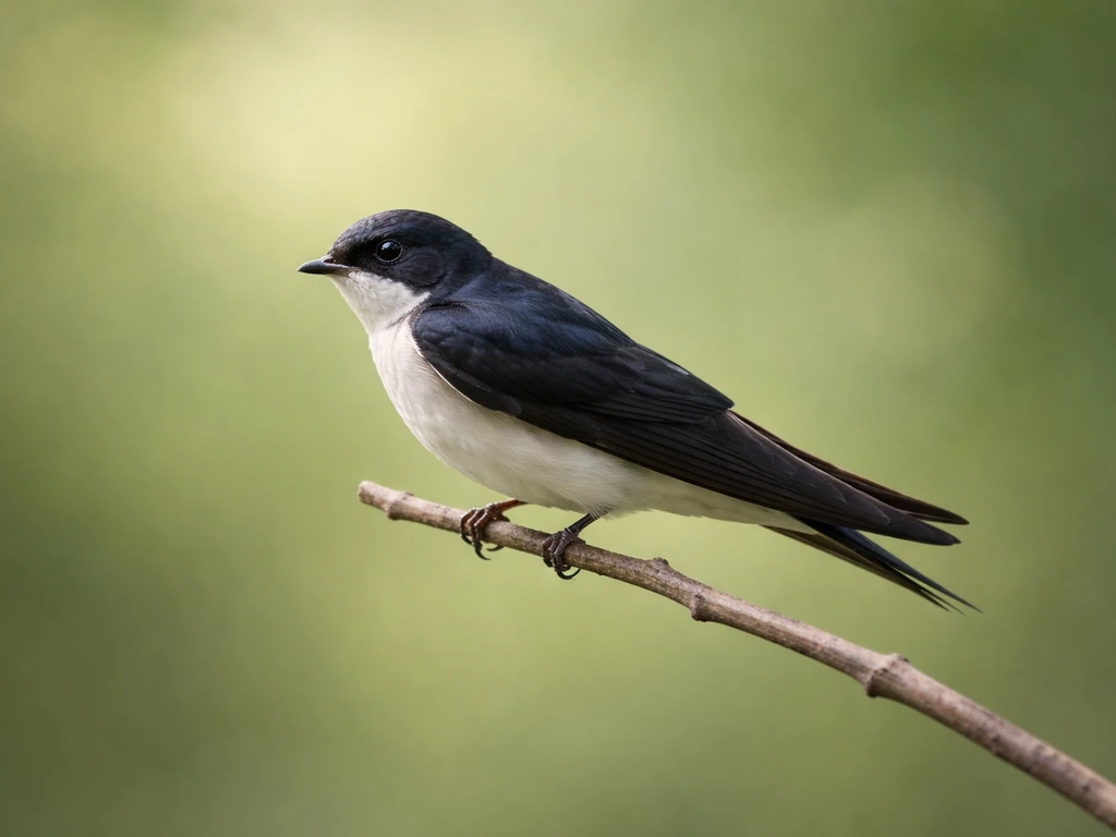 Side profile of a swallow showing compact torpedo body and long narrow wings against a soft green background.