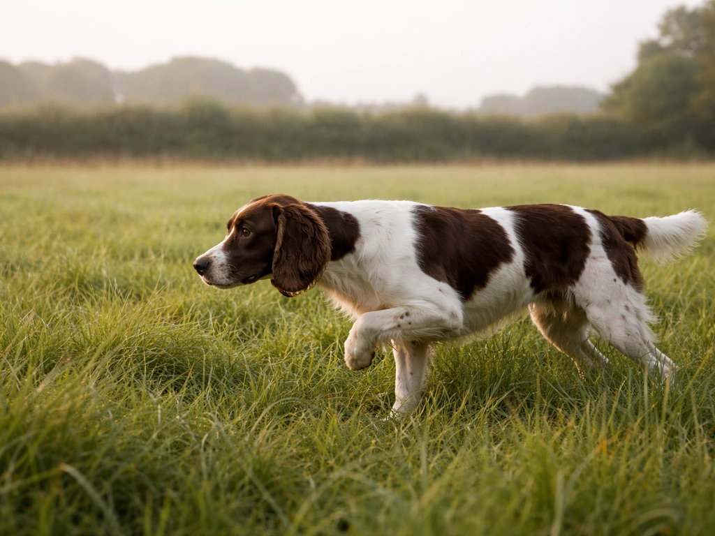 A hunting bird dog points in tall grass in early morning light, holding a steady stance in the field.