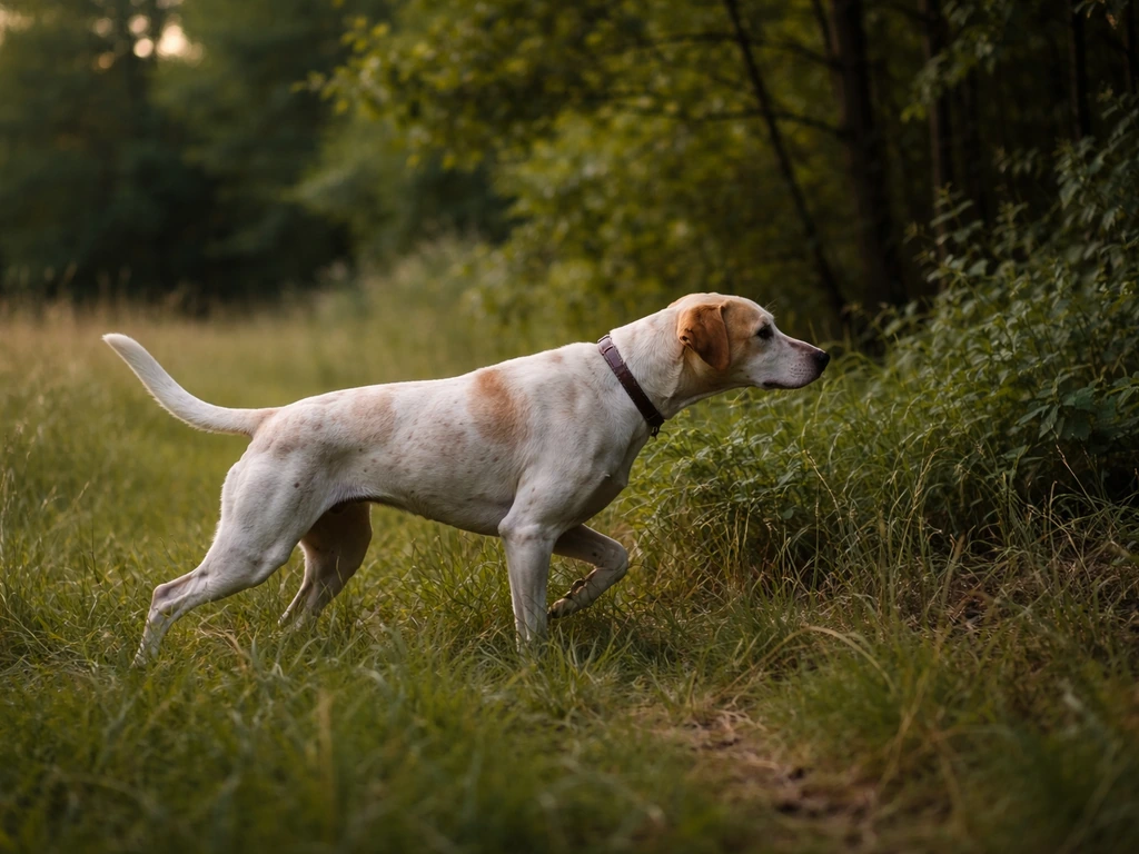 A hunting dog in the field pointing toward game-bird cover with tall grass and trees behind