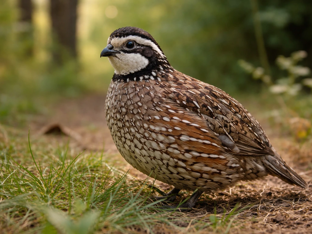Close-up photo of an upland game bird with visible facial stripes and tail shape in a simple field setting