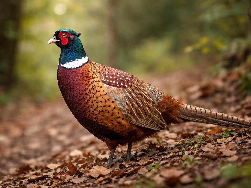Male ring-necked pheasant with iridescent green head, red wattle, white neck ring, copper body and pointed tail.