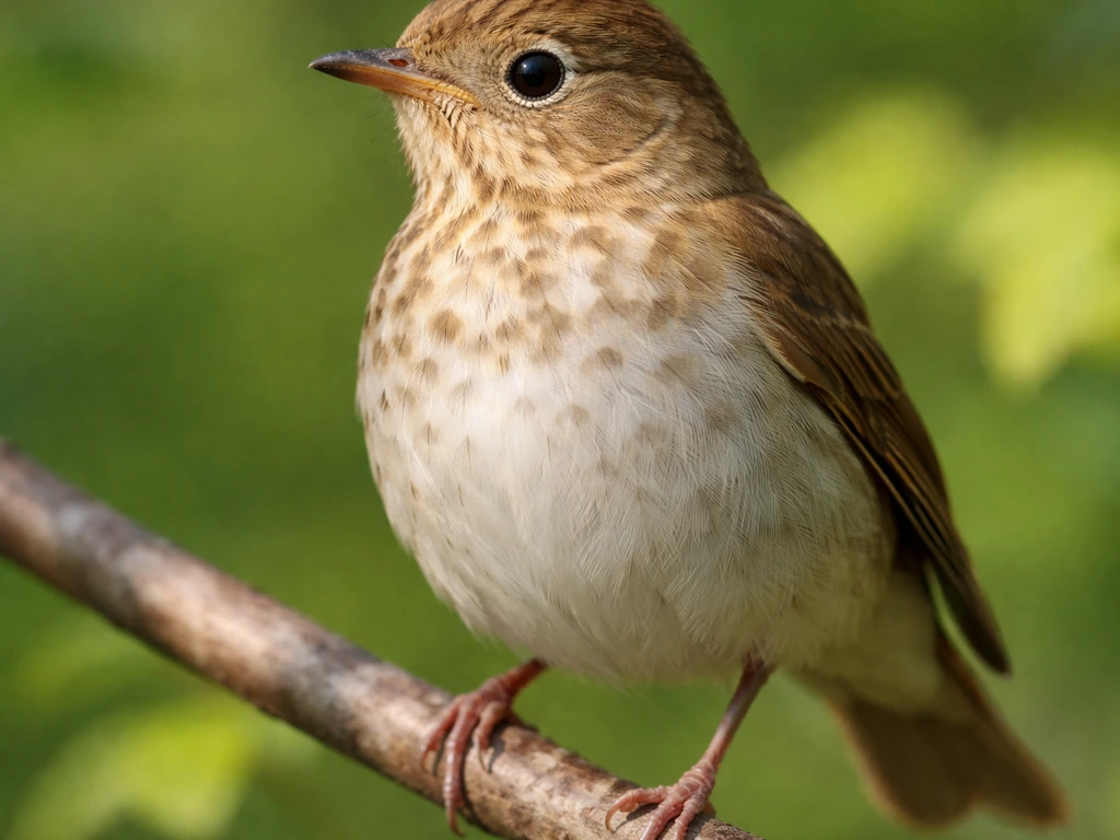 Close-up of a perched songbird’s chest showing underpart color and faint spotting in natural light.