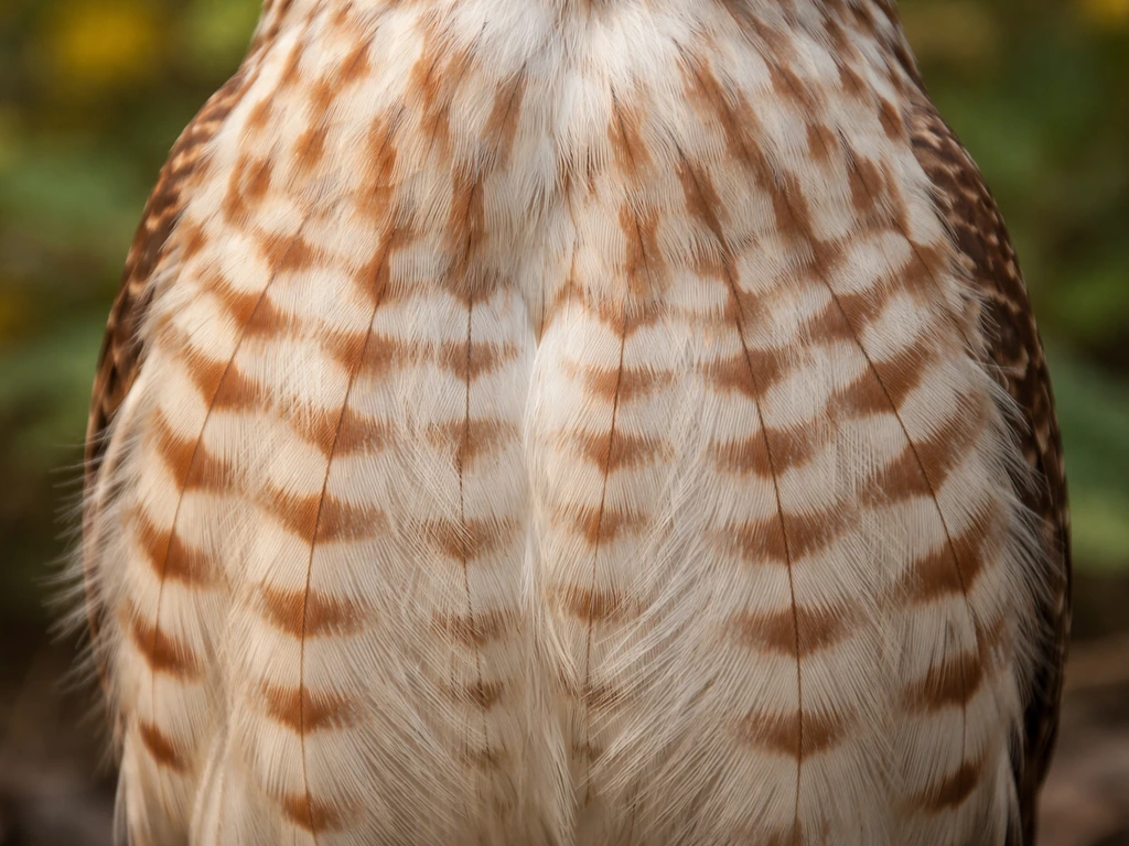 Close-up of a bird’s chest with clear horizontal barred bands across cream feathers.