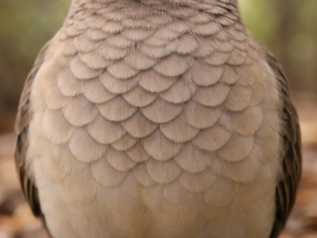 Close-up of a bird’s chest feathers with dark-edged overlapping, scaly scale-like pattern.