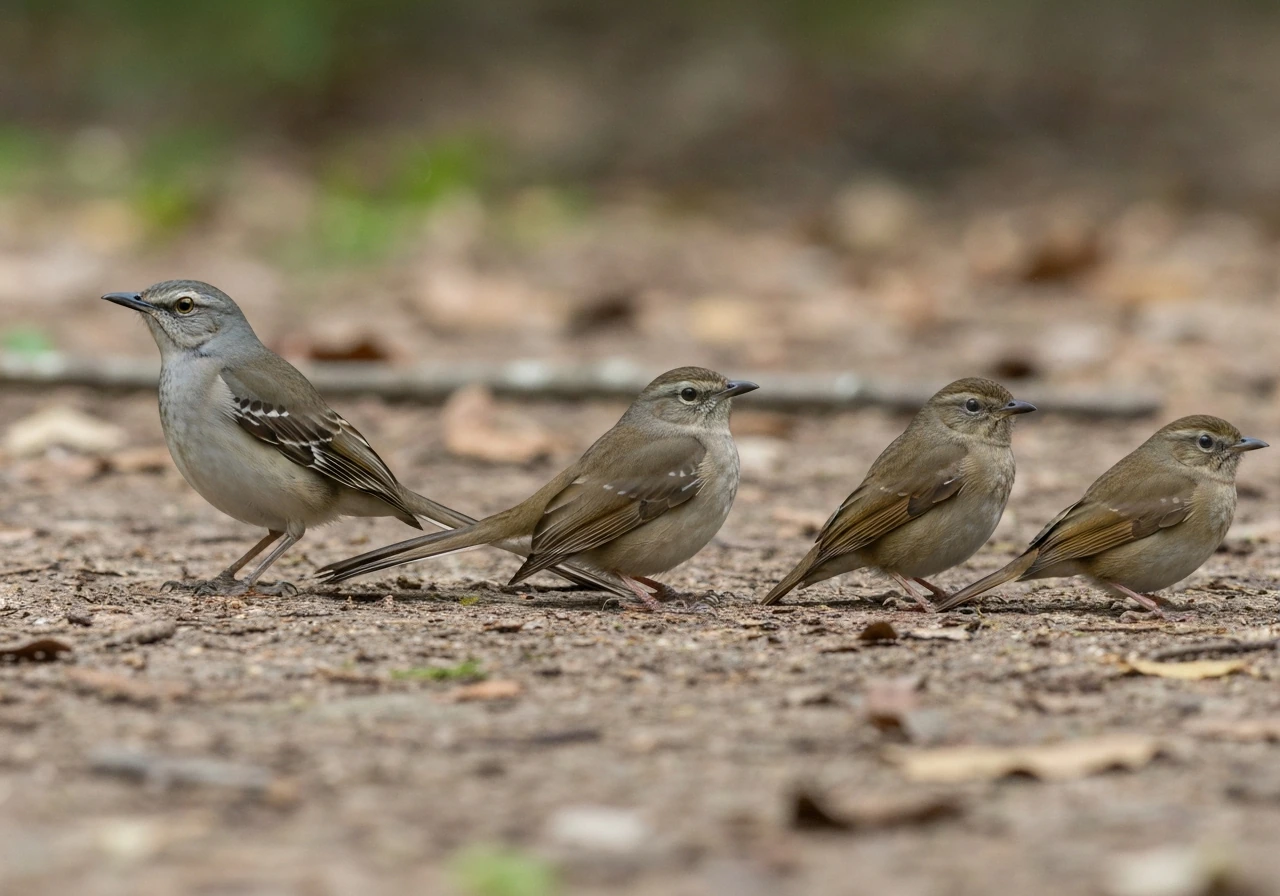 Close-up comparison of three small brown birds beside a northern mockingbird focus on tail shape and silhouette.