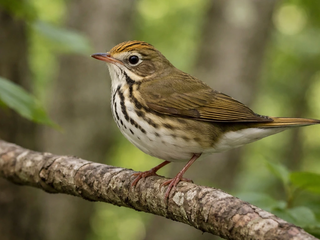 Ovenbird perched at a forest edge, showing head stripes, eye line, and forward tail carriage.