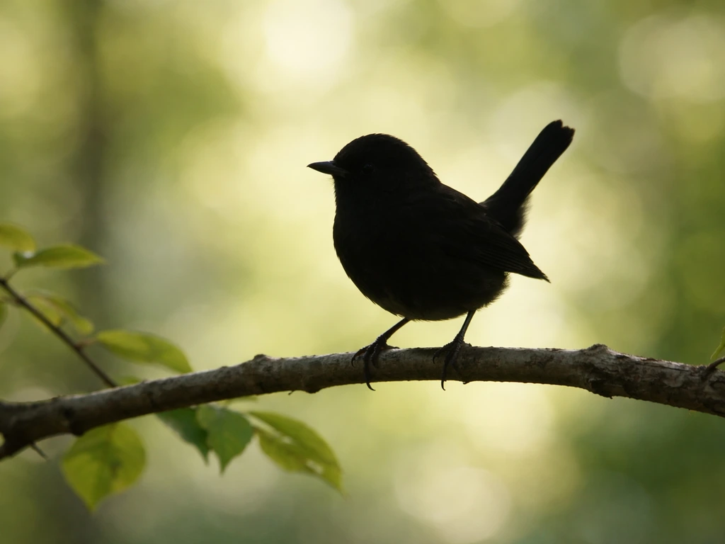 Small top-heavy songbird on a branch, tail cocked upward, stout bill, softly blurred forest background.