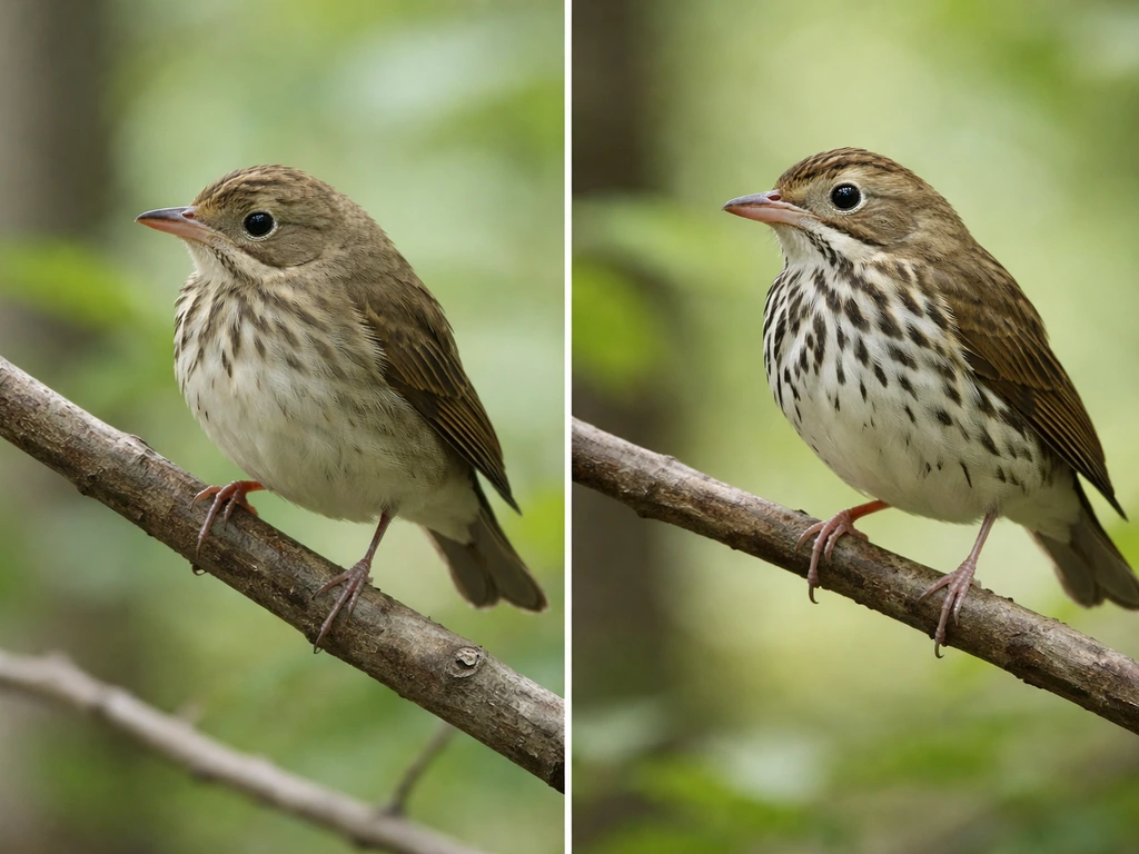 Side-by-side juvenile and adult ovenbirds perched on branches, showing subtle differences in brown plumage.