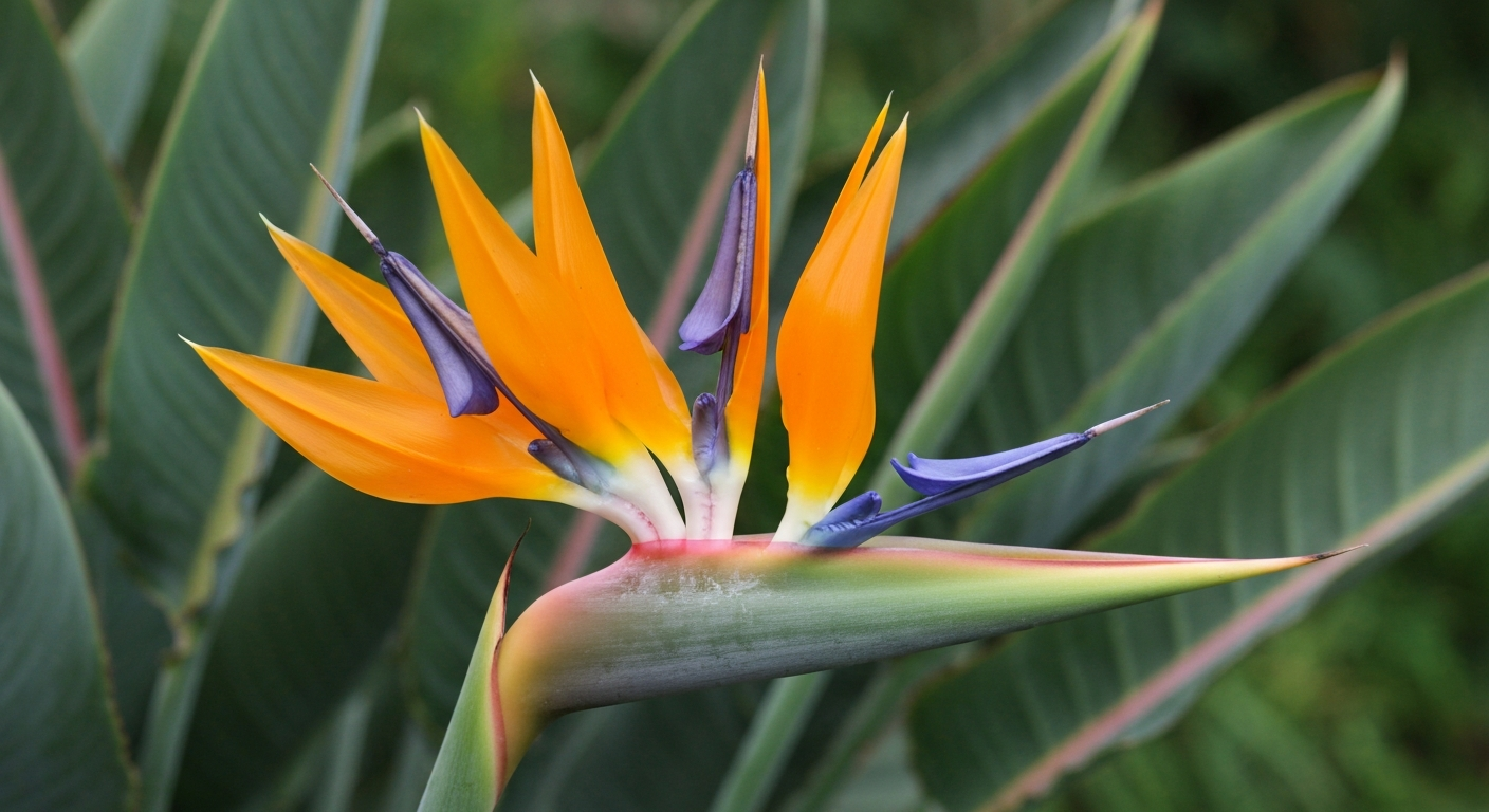 Close-up photo-style image of a Bird of Paradise (Strelitzia reginae) bloom showing the green spathe, orange sepals and blue-violet petal with paddle-shaped leaves in the background.