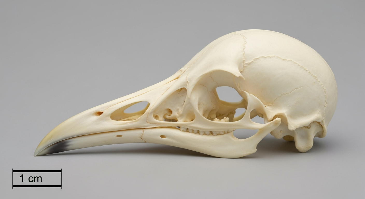 Three-quarter lateral view of a cleaned bird skull on a neutral background showing the beak, large eye sockets, rounded braincase, thin pale bone walls, and a 1 cm scale bar.