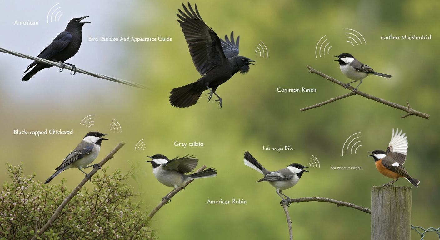Illustrated field-guide collage of common calling birds (crow, raven, gray catbird, chickadee, robin, mockingbird) in their typical perches with small sound-wave icons and species labels.