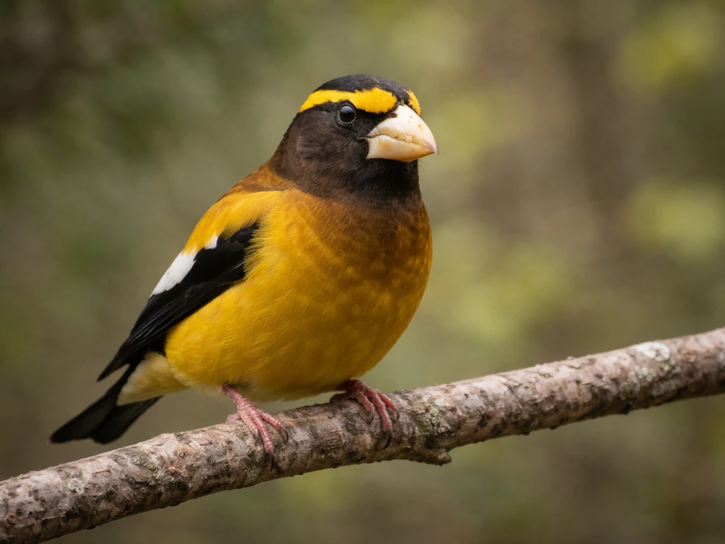 Close-up of a single grosbeak perched on a branch, showing its thick bill and detailed plumage.