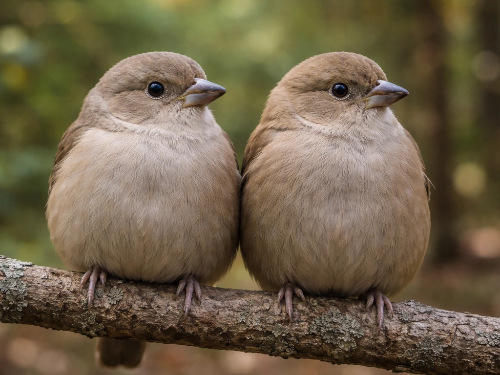 Two chunky, thick-necked birds perched side-by-side, showing head and chest proportions in profile.